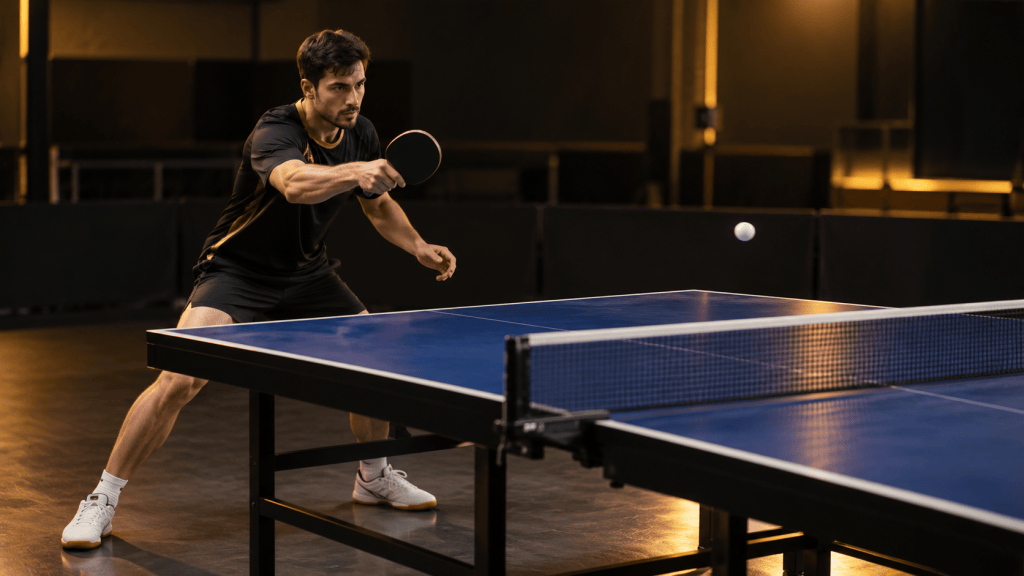 Imagem ilustrativa de um jogador de tênis de mesa treinando forehand junto à mesa.
